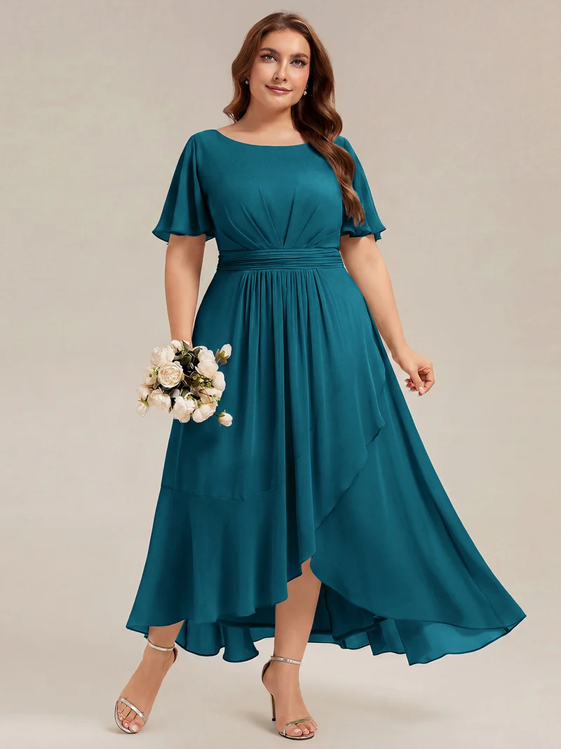 Robe asymétrique en mousseline à manches courtes et à volants