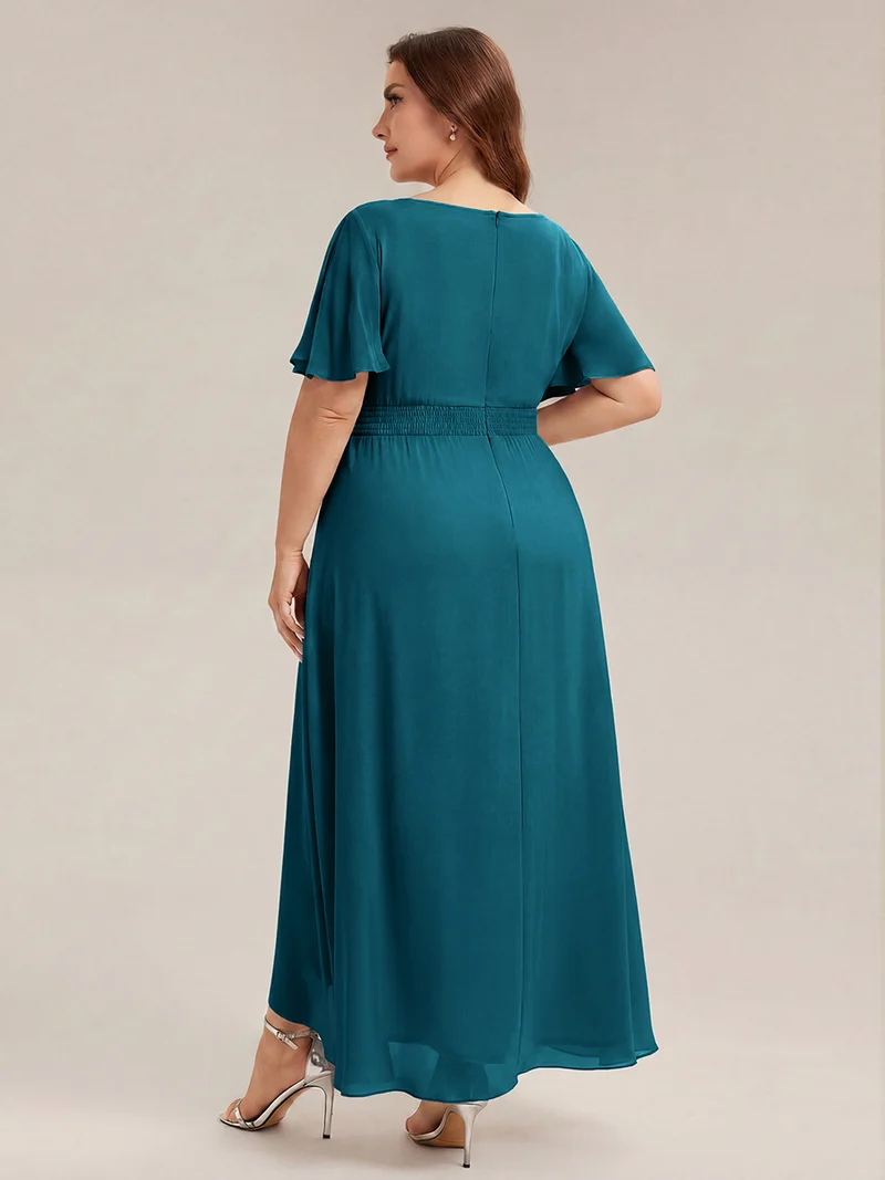 Robe asymétrique en mousseline à manches courtes et à volants
