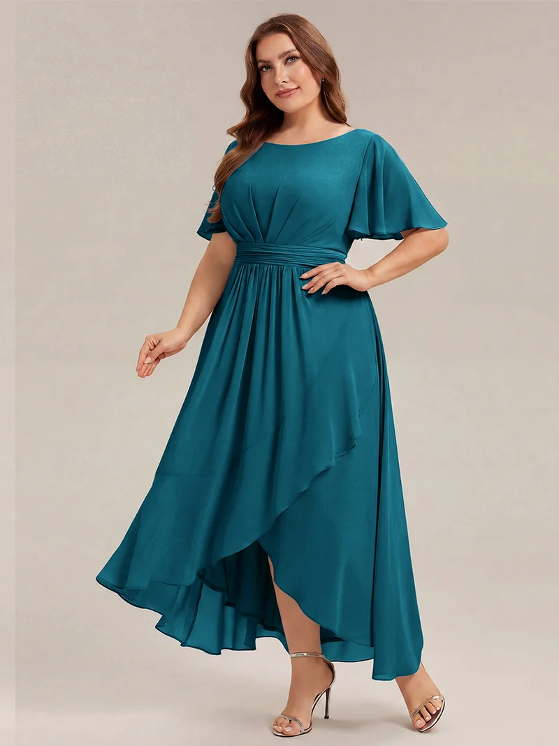 Robe asymétrique en mousseline à manches courtes et à volants