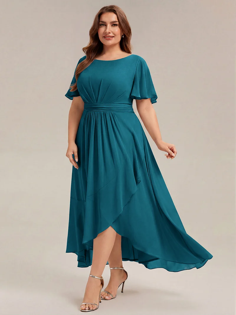 Robe asymétrique en mousseline à manches courtes et à volants