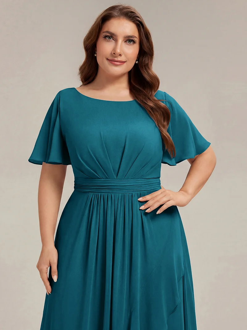 Robe asymétrique en mousseline à manches courtes et à volants