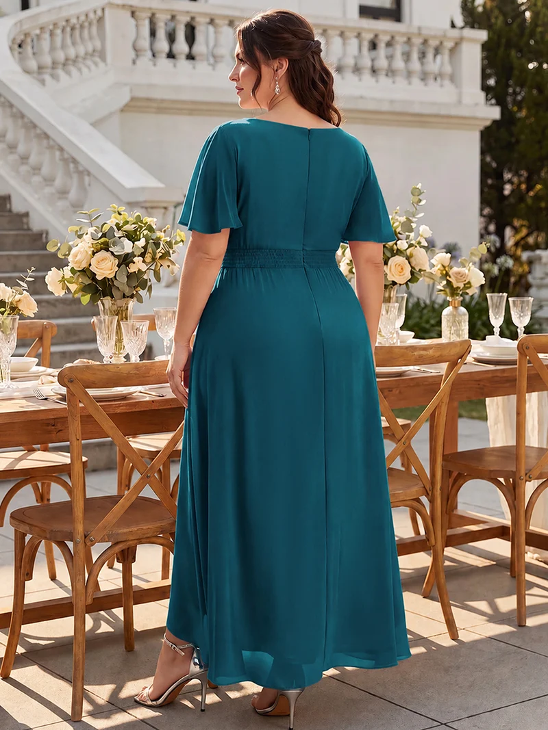 Robe asymétrique en mousseline à manches courtes et à volants
