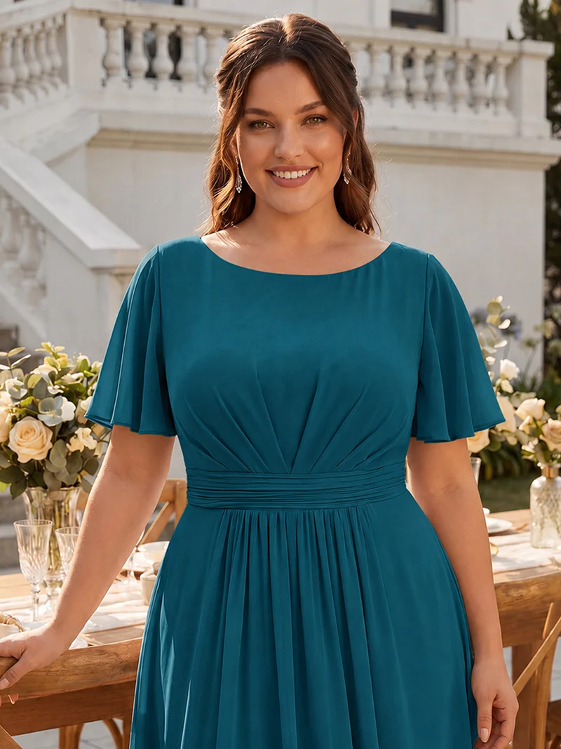 Robe asymétrique en mousseline à manches courtes et à volants