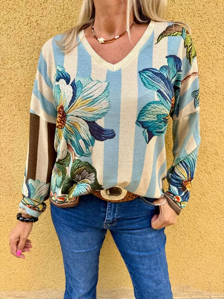 Pull fin brillant Enzo fleurs bleues