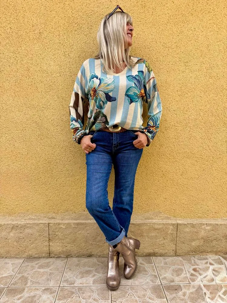 Pull fin brillant Enzo fleurs bleues