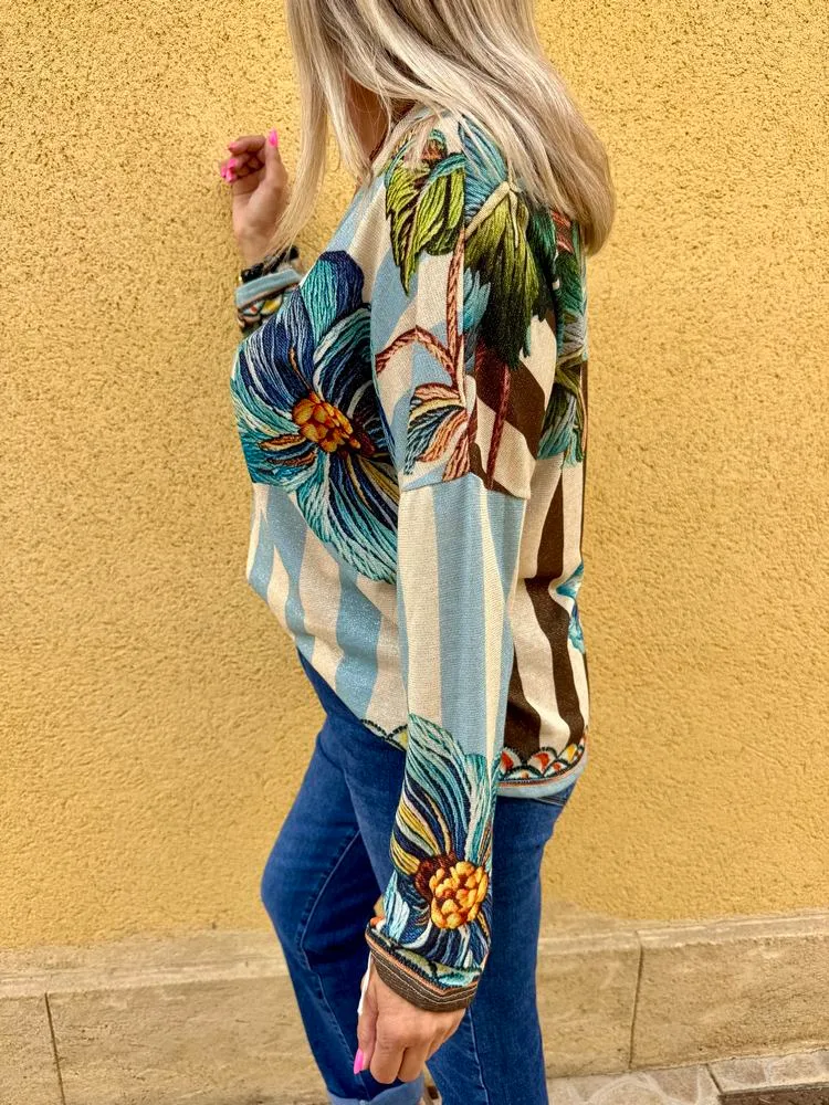 Pull fin brillant Enzo fleurs bleues
