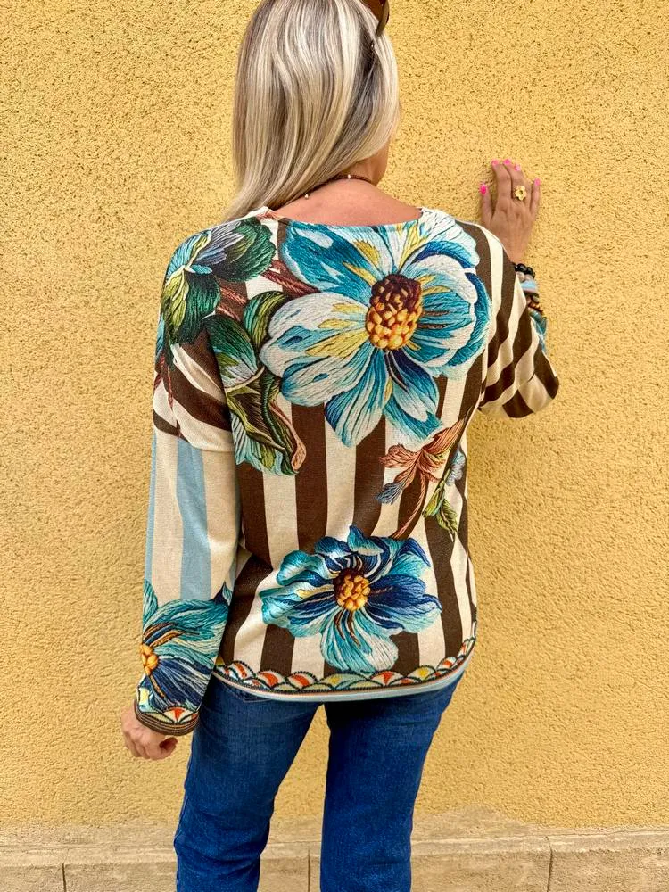 Pull fin brillant Enzo fleurs bleues