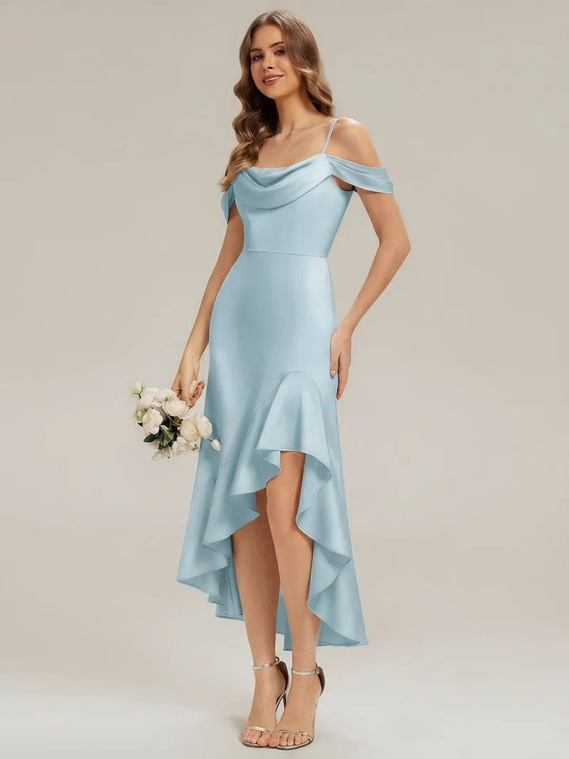 Robe asymétrique à encolure drapée à une épaule avec volants et bretelle fine