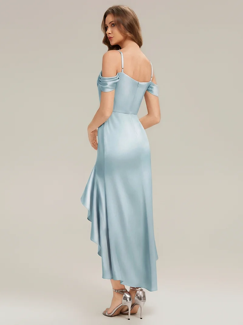 Robe asymétrique à encolure drapée à une épaule avec volants et bretelle fine