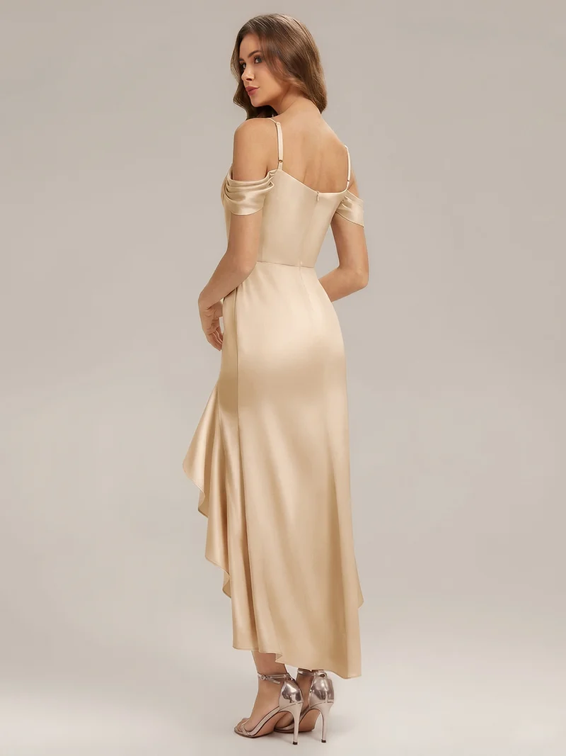 Robe asymétrique à encolure drapée à une épaule avec volants et bretelle fine