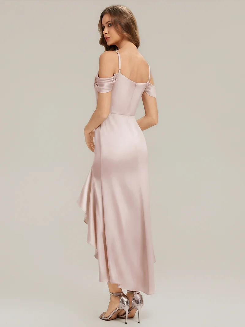 Robe asymétrique à encolure drapée à une épaule avec volants et bretelle fine