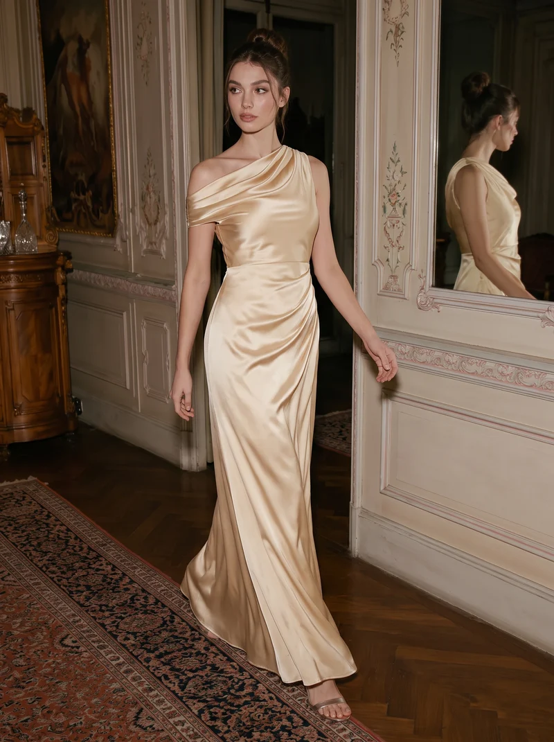 Robe moulante à une épaule à manches courtes avec fente haute sur la cuisse et tissu extensible