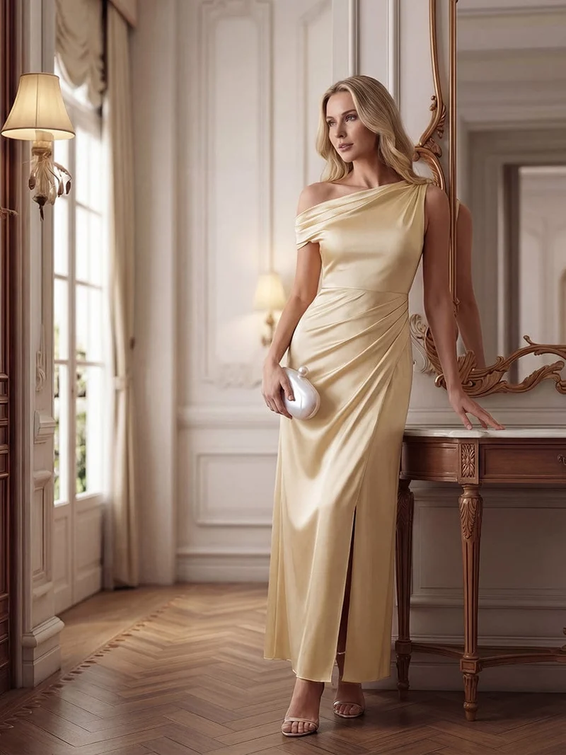 Robe moulante à une épaule à manches courtes avec fente haute sur la cuisse et tissu extensible