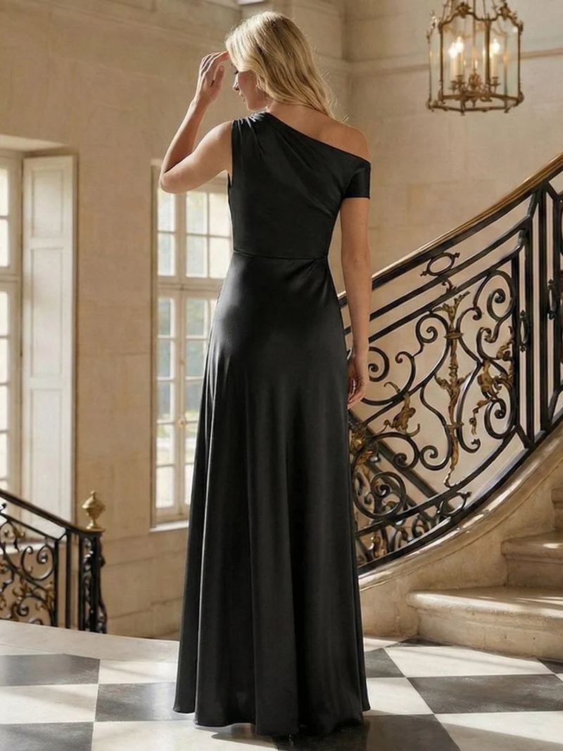 Robe moulante à une épaule à manches courtes avec fente haute sur la cuisse et tissu extensible