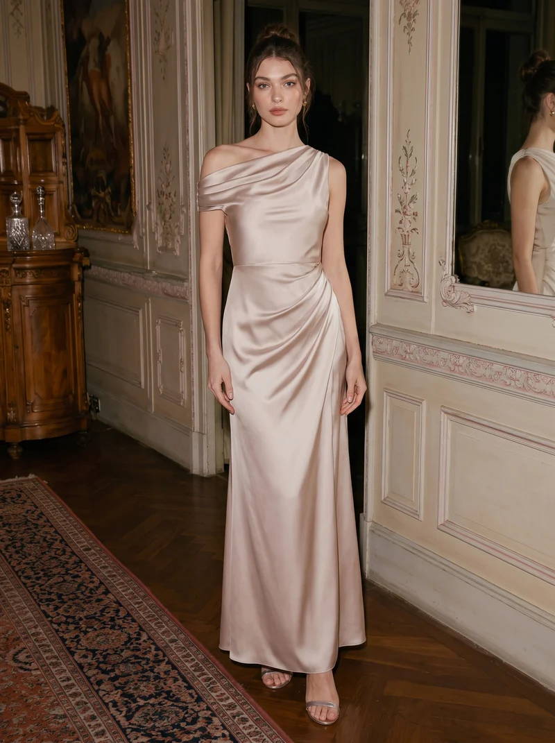 Robe moulante à une épaule à manches courtes avec fente haute sur la cuisse et tissu extensible