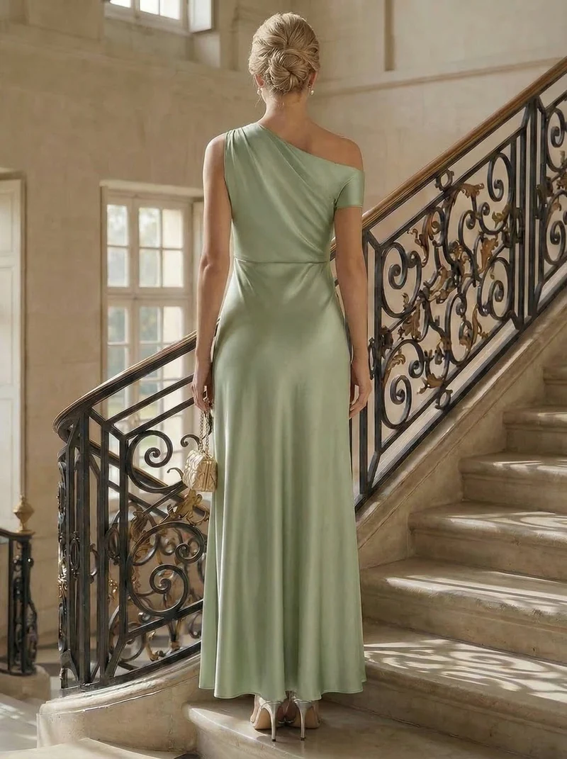 Robe moulante à une épaule à manches courtes avec fente haute sur la cuisse et tissu extensible