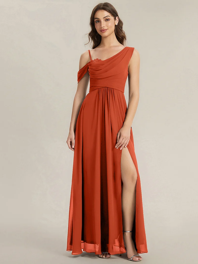 ever ERIKA|Robe longue asymétrique avec détail de dentelle sur épaule, coupe empire drapée
