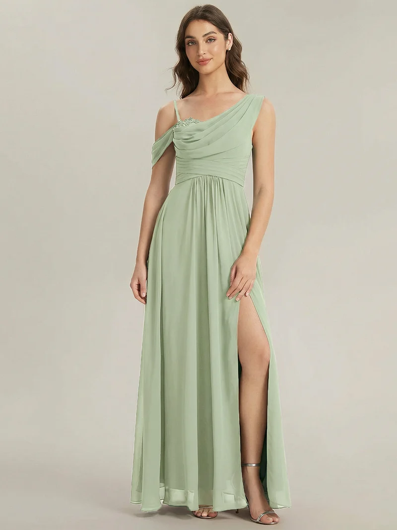 ever ERIKA|Robe longue asymétrique avec détail de dentelle sur épaule, coupe empire drapée