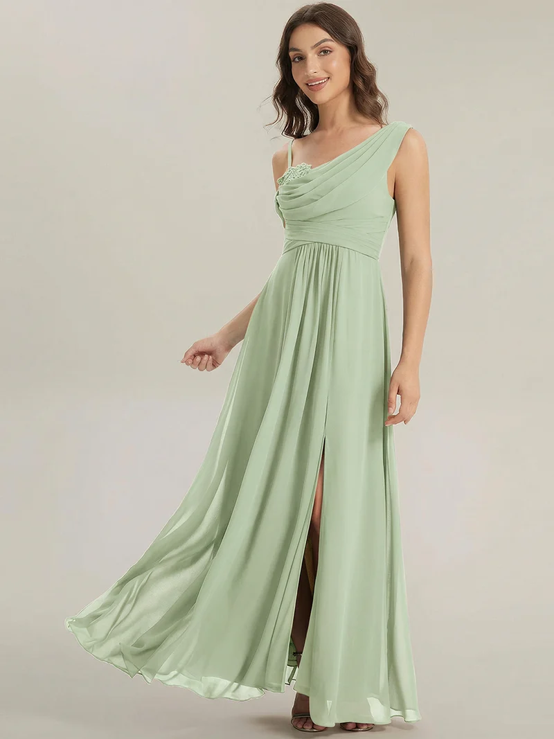 ever ERIKA|Robe longue asymétrique avec détail de dentelle sur épaule, coupe empire drapée