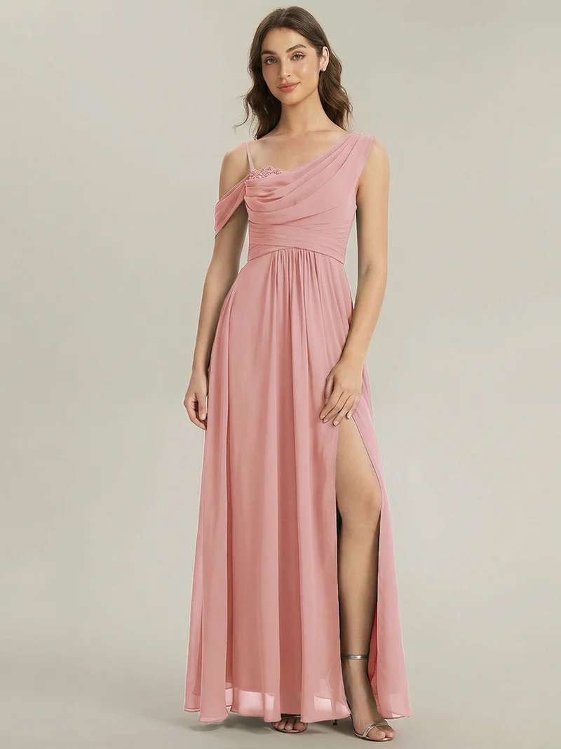 ever ERIKA|Robe longue asymétrique avec détail de dentelle sur épaule, coupe empire drapée