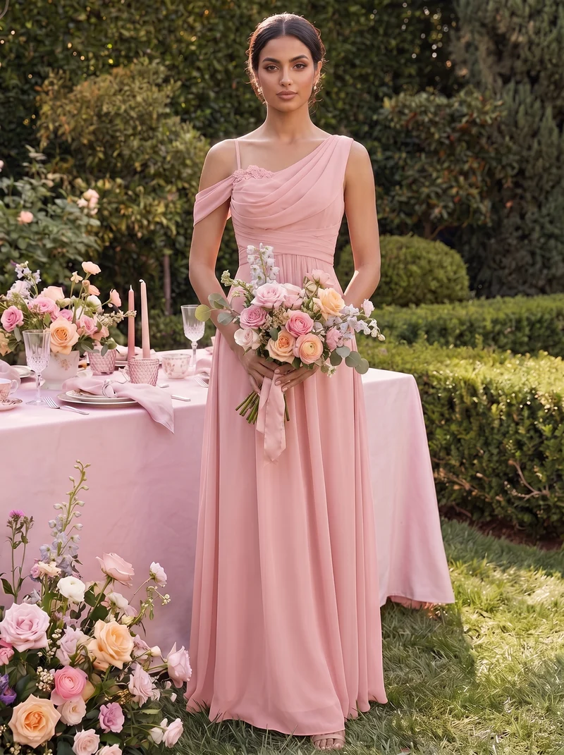 ever ERIKA|Robe longue asymétrique avec détail de dentelle sur épaule, coupe empire drapée