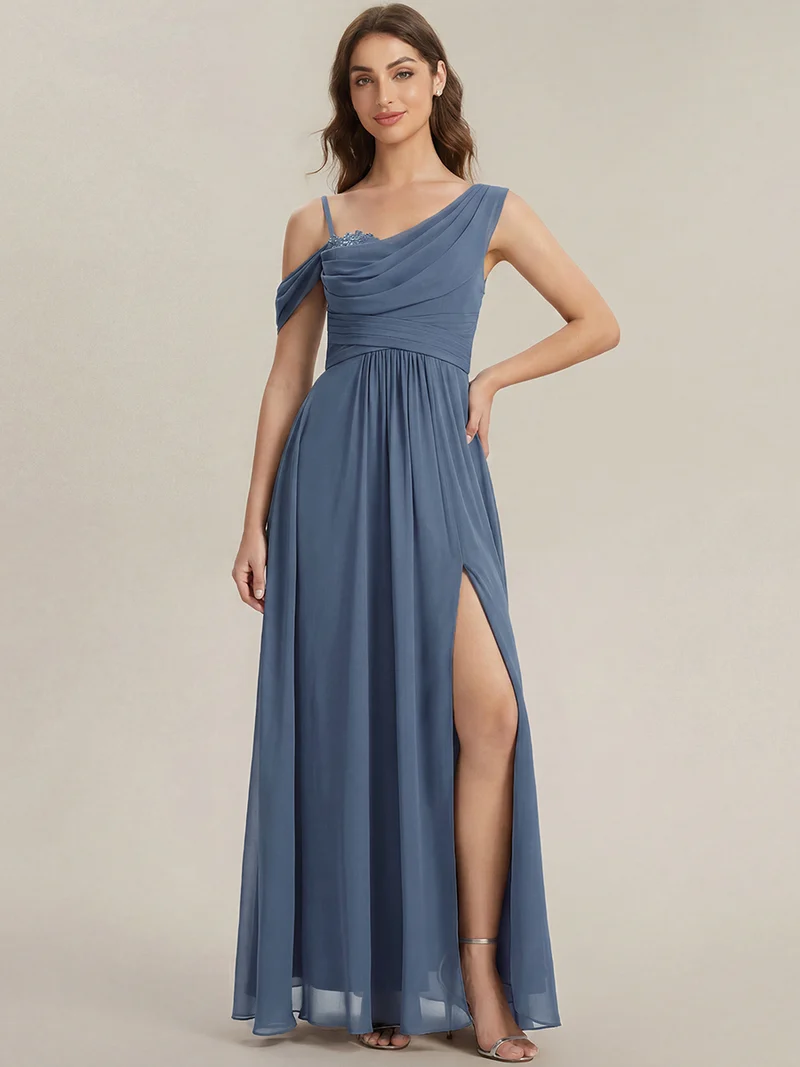 ever ERIKA|Robe longue asymétrique avec détail de dentelle sur épaule, coupe empire drapée