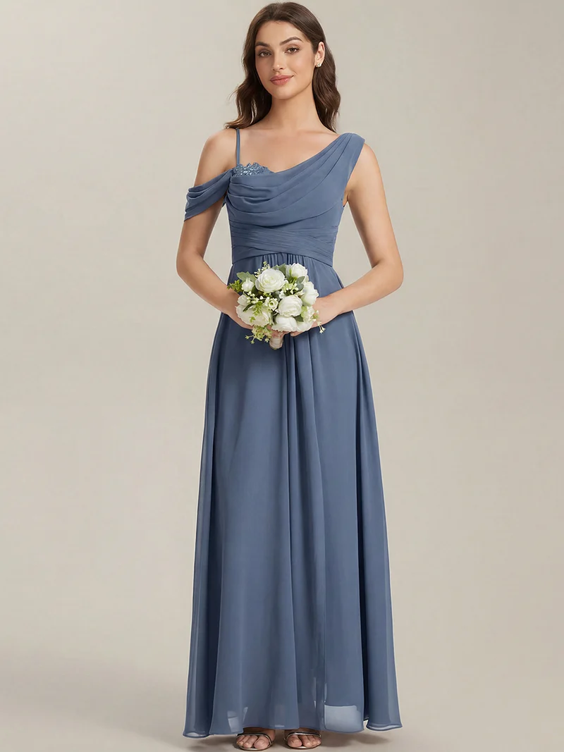 ever ERIKA|Robe longue asymétrique avec détail de dentelle sur épaule, coupe empire drapée