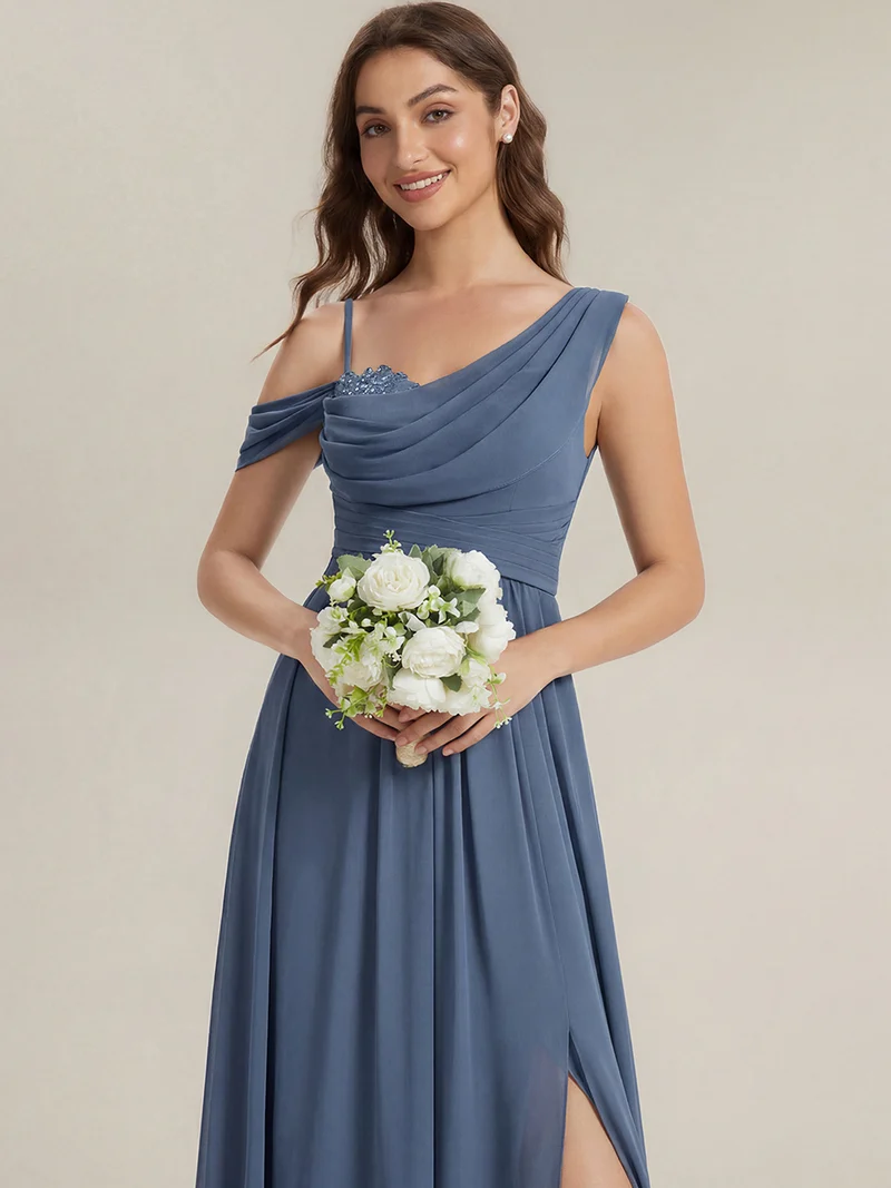 ever ERIKA|Robe longue asymétrique avec détail de dentelle sur épaule, coupe empire drapée