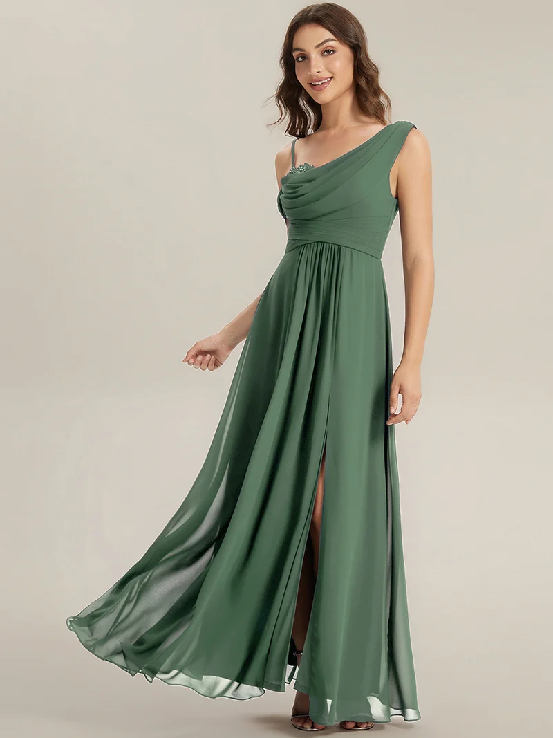 ever ERIKA|Robe longue asymétrique avec détail de dentelle sur épaule, coupe empire drapée