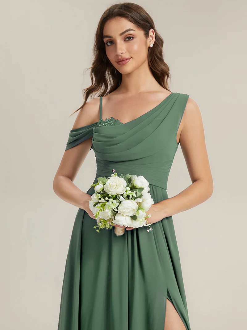 ever ERIKA|Robe longue asymétrique avec détail de dentelle sur épaule, coupe empire drapée