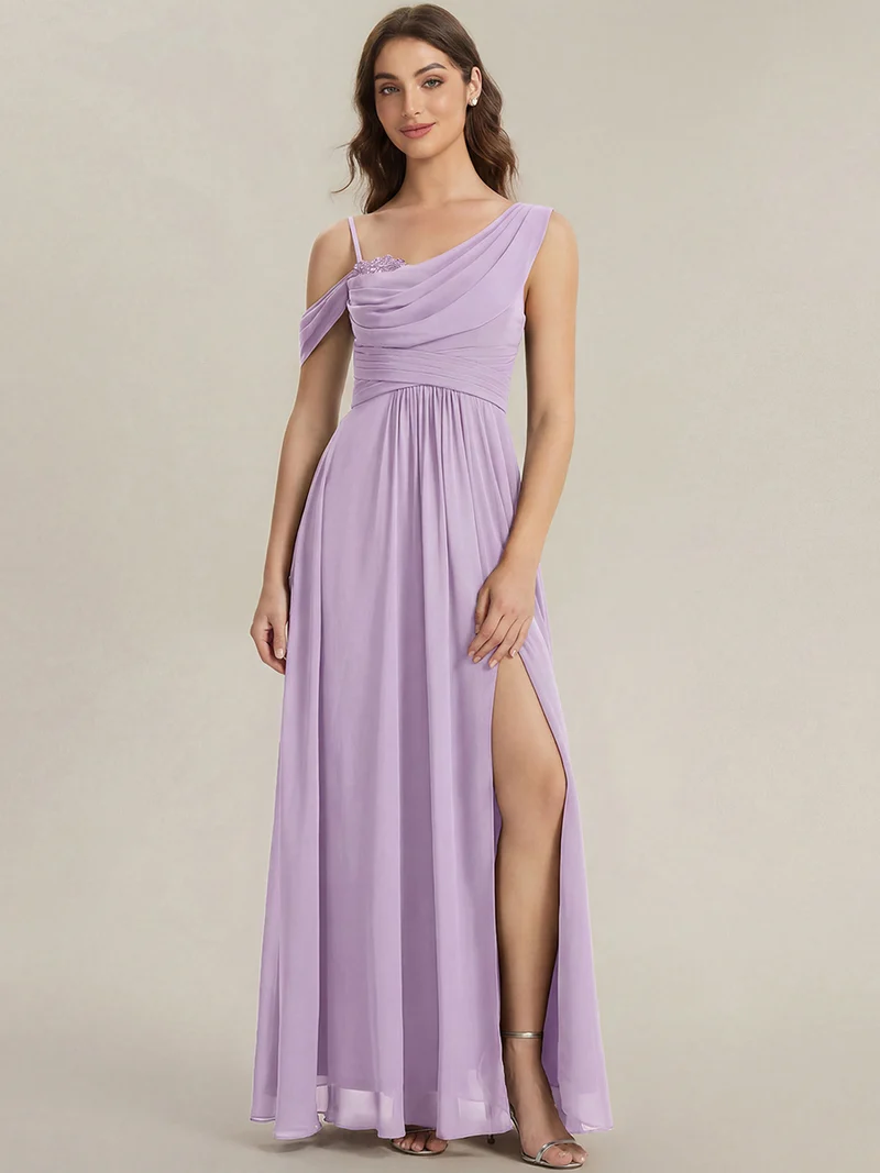 ever ERIKA|Robe longue asymétrique avec détail de dentelle sur épaule, coupe empire drapée