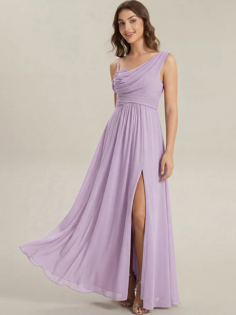 ever ERIKA|Robe longue asymétrique avec détail de dentelle sur épaule, coupe empire drapée