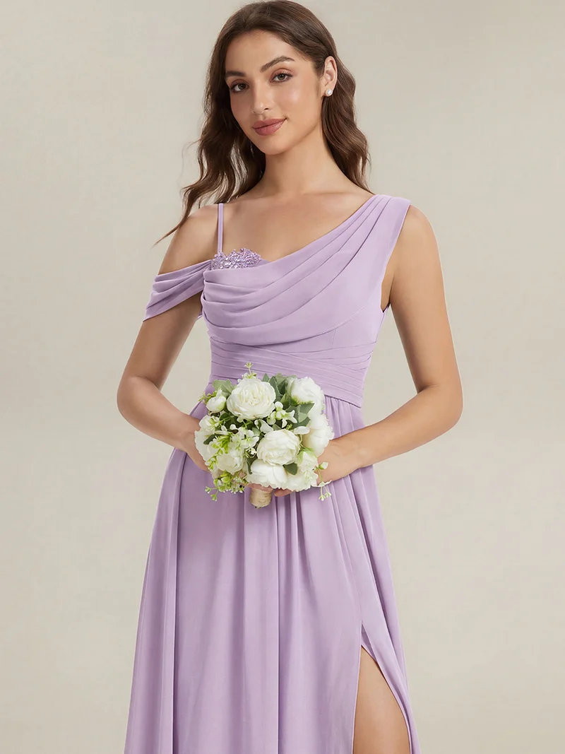 ever ERIKA|Robe longue asymétrique avec détail de dentelle sur épaule, coupe empire drapée