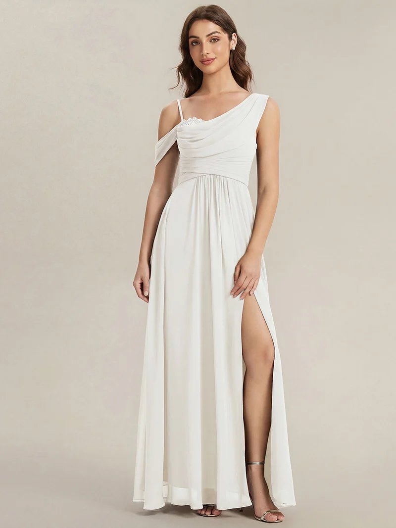ever ERIKA|Robe longue asymétrique avec détail de dentelle sur épaule, coupe empire drapée