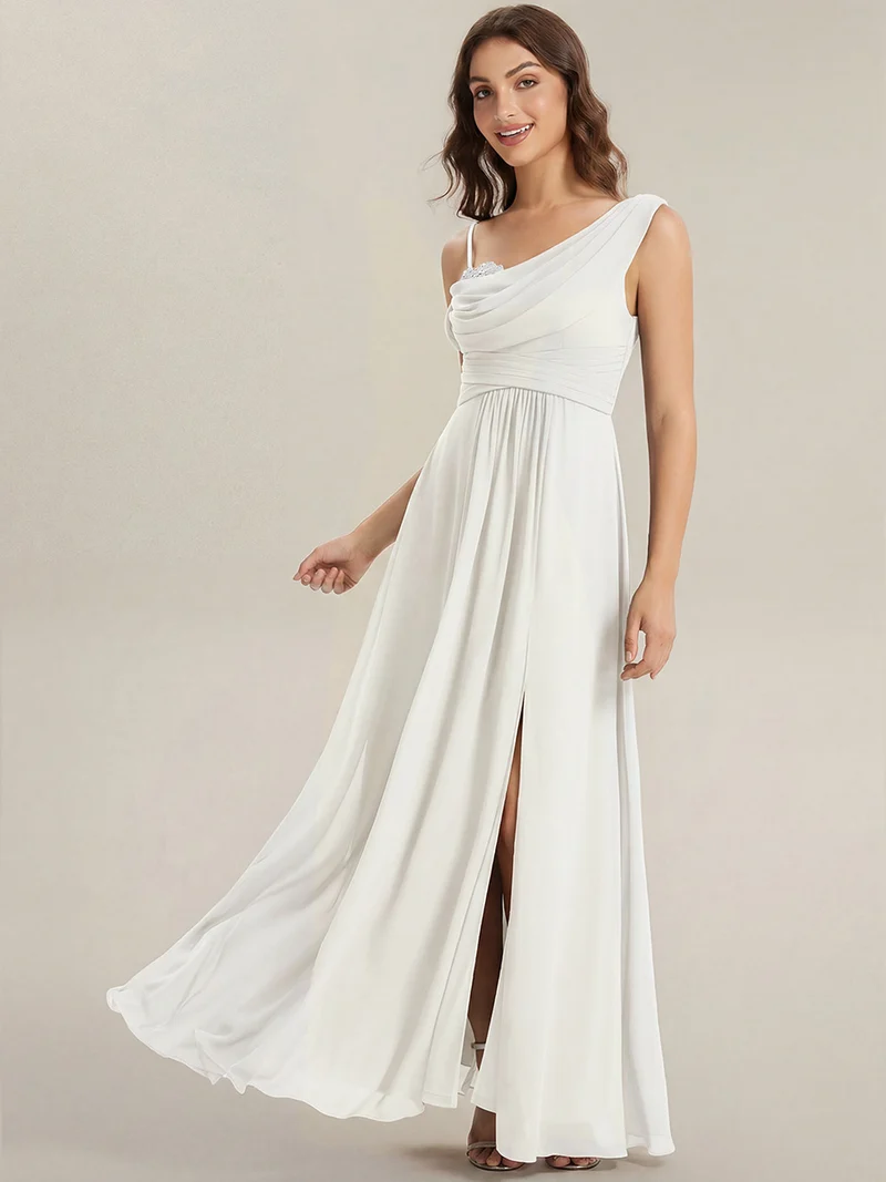 ever ERIKA|Robe longue asymétrique avec détail de dentelle sur épaule, coupe empire drapée