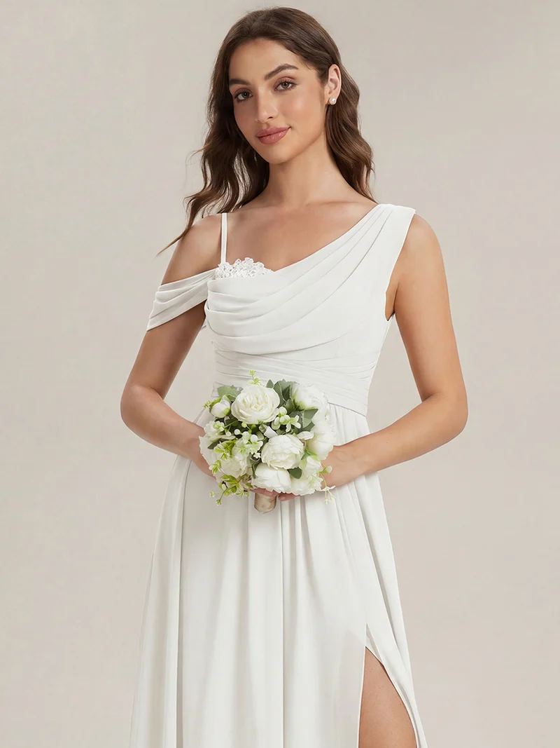 ever ERIKA|Robe longue asymétrique avec détail de dentelle sur épaule, coupe empire drapée