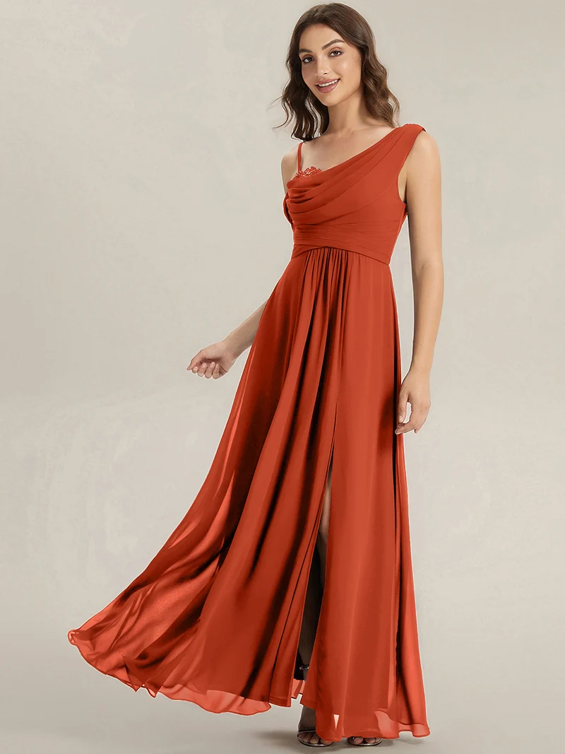 ever ERIKA|Robe longue asymétrique avec détail de dentelle sur épaule, coupe empire drapée