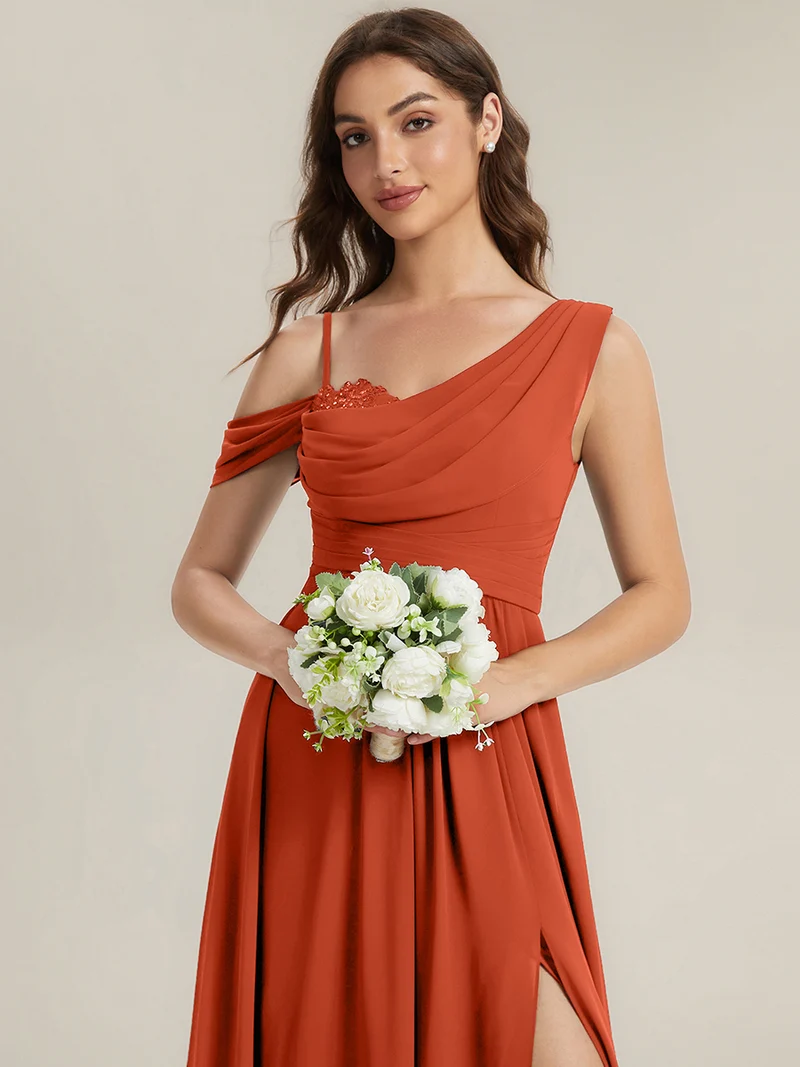 ever ERIKA|Robe longue asymétrique avec détail de dentelle sur épaule, coupe empire drapée