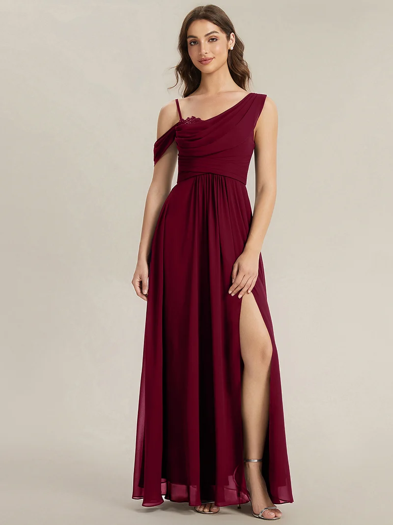 ever ERIKA|Robe longue asymétrique avec détail de dentelle sur épaule, coupe empire drapée
