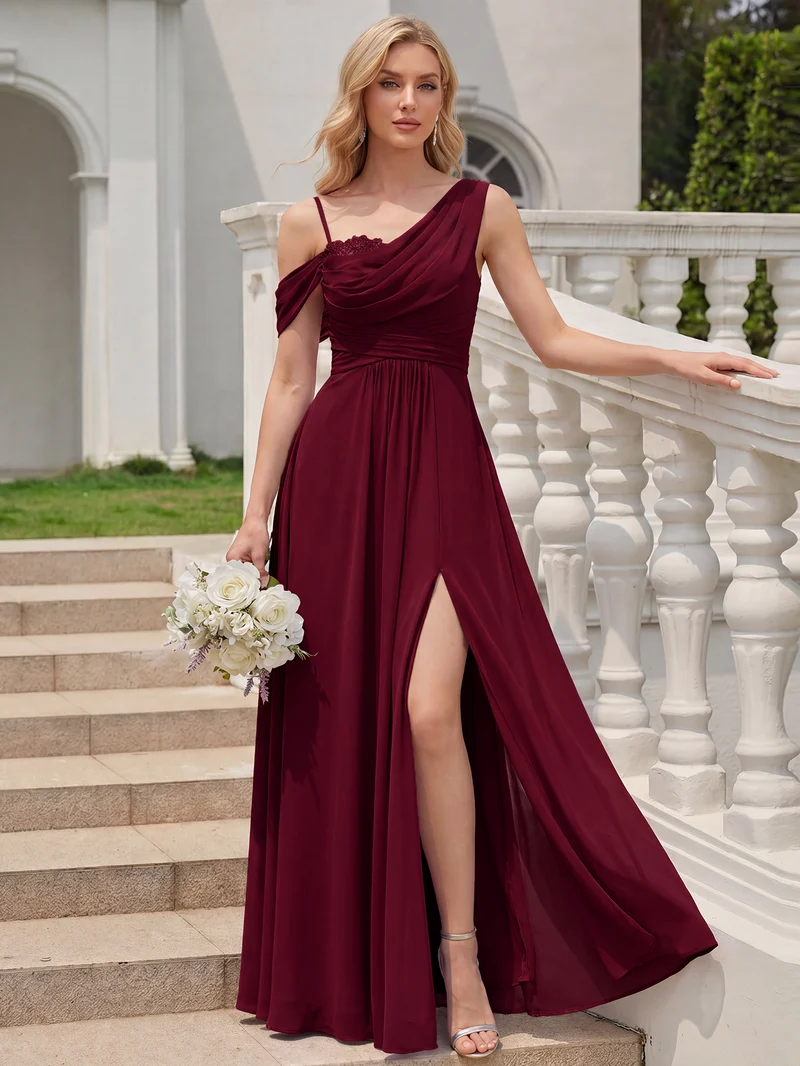 ever ERIKA|Robe longue asymétrique avec détail de dentelle sur épaule, coupe empire drapée
