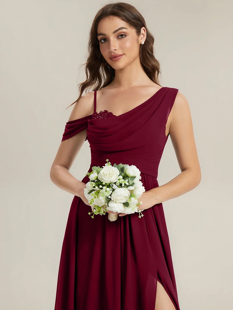 ever ERIKA|Robe longue asymétrique avec détail de dentelle sur épaule, coupe empire drapée