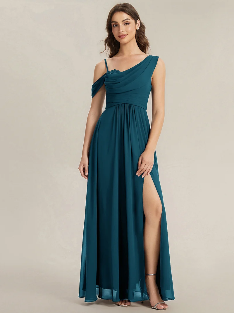 ever ERIKA|Robe longue asymétrique avec détail de dentelle sur épaule, coupe empire drapée
