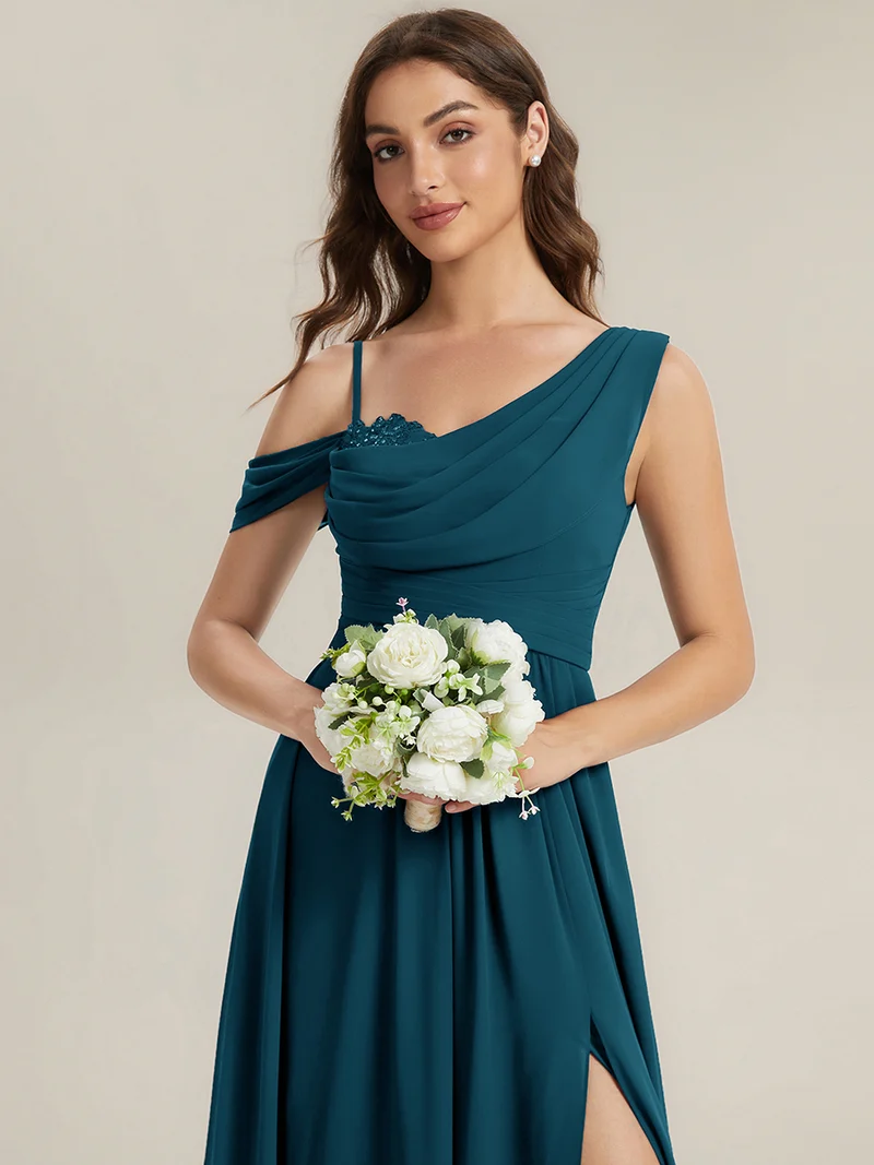 ever ERIKA|Robe longue asymétrique avec détail de dentelle sur épaule, coupe empire drapée