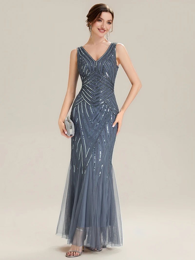 ever GLAMOUR|Robe longue sans manches à décolleté en V profond en mermaid avec patchwork de sequins à haute élasticité