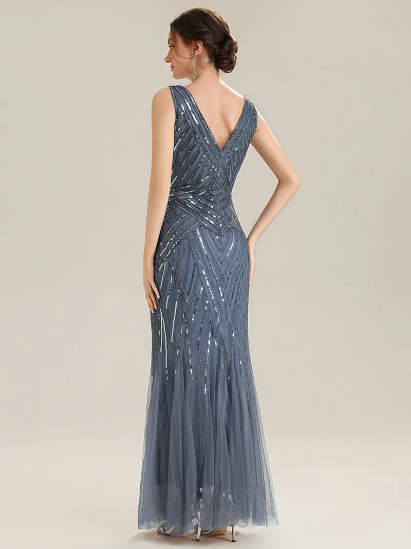 ever GLAMOUR|Robe longue sans manches à décolleté en V profond en mermaid avec patchwork de sequins à haute élasticité
