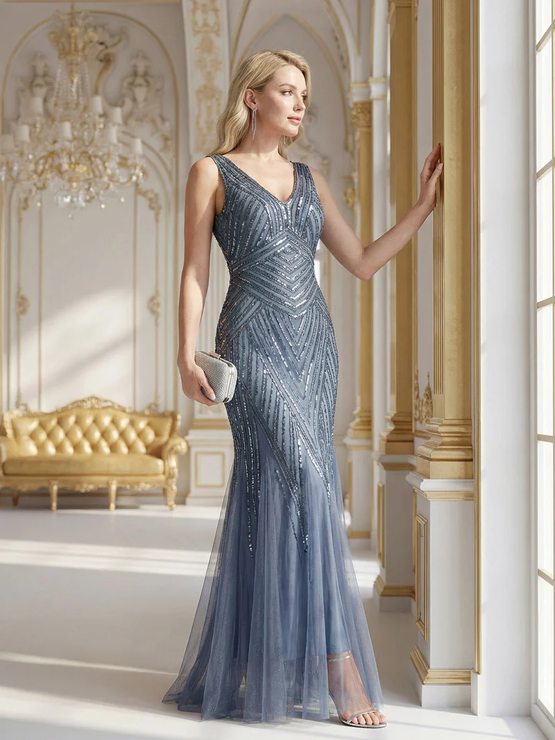 ever GLAMOUR|Robe longue sans manches à décolleté en V profond en mermaid avec patchwork de sequins à haute élasticité