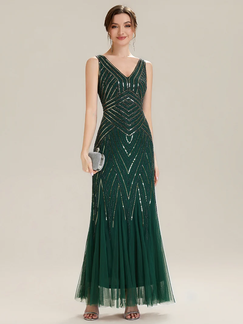 ever GLAMOUR|Robe longue sans manches à décolleté en V profond en mermaid avec patchwork de sequins à haute élasticité