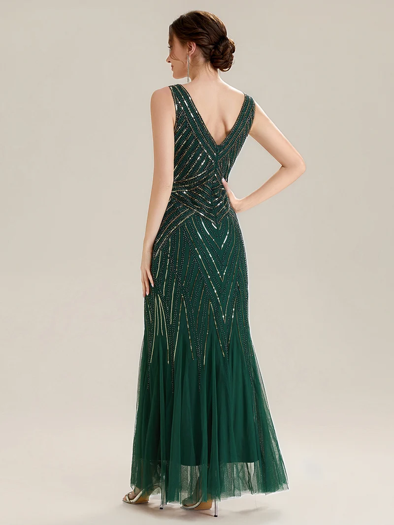 ever GLAMOUR|Robe longue sans manches à décolleté en V profond en mermaid avec patchwork de sequins à haute élasticité
