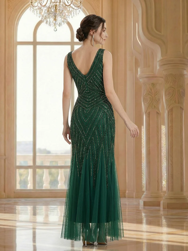 ever GLAMOUR|Robe longue sans manches à décolleté en V profond en mermaid avec patchwork de sequins à haute élasticité