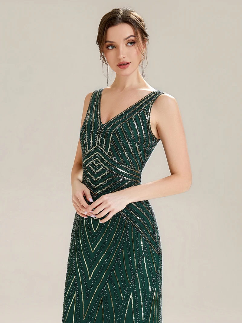ever GLAMOUR|Robe longue sans manches à décolleté en V profond en mermaid avec patchwork de sequins à haute élasticité